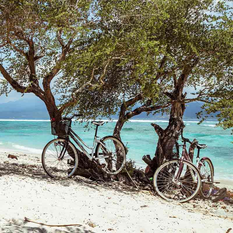 Vue sur une plage de Bali avec 2 bicylettes poses contre un arbre