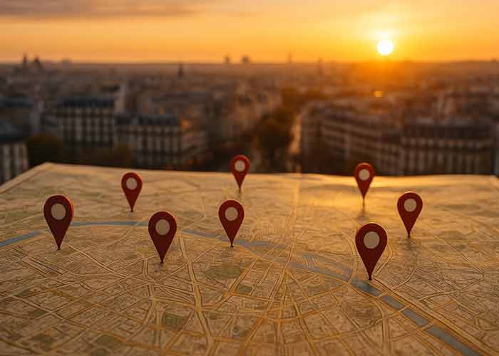 Carte de ville avec des repères géolocalisés au coucher du soleil, illustrant la recherche d'un hébergement idéal pour un séjour réussi