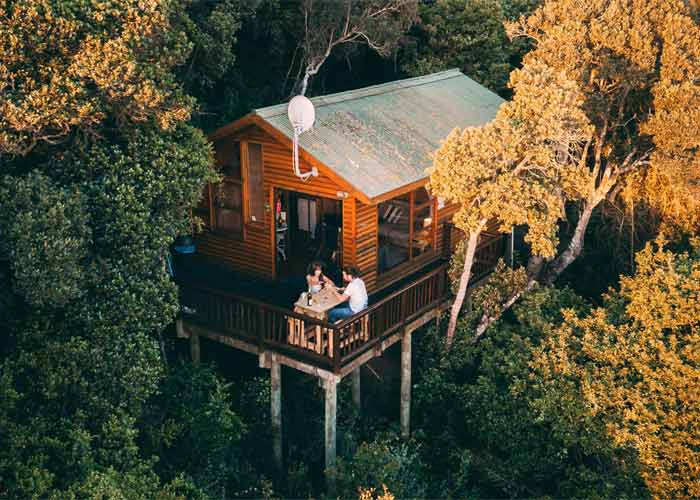 Cabane en bois perch�e au c�ur de la for�t avec terrasse sur pilotis et couple profitant du coucher de soleil