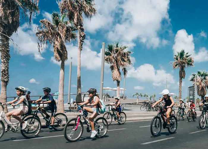 Groupe d'enfants en colonie de vacances faisant une sortie à vélo en bord de mer sous les palmiers