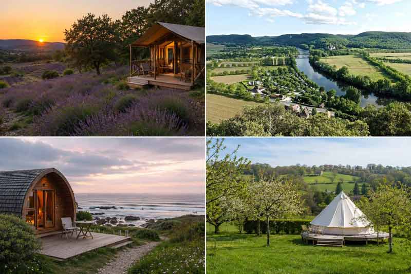 Panorama de quatre hébergements de glamping en France, du lodge provençal au bord d'un champ de lavande à la tente lodge dans un verger, en passant par une 
							cabane face à l'océan et un domaine au bord de la Dordogne