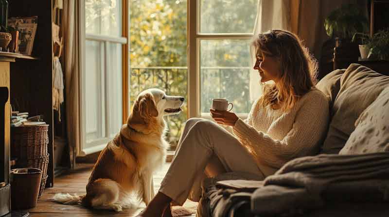 home-sitter assise dans un canapé qui boit un café en regardant un chien avec tendresse