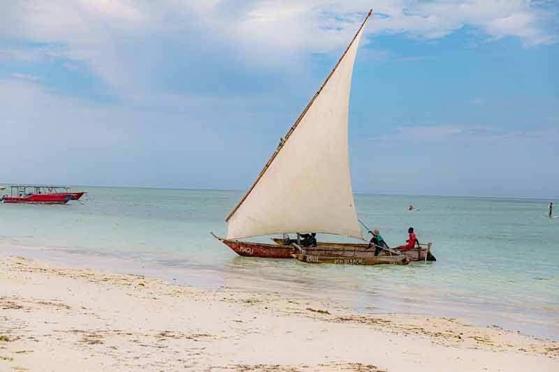 Dhow traditionnel naviguant sur les eaux turquoise de Zanzibar, avec des pêcheurs à bord près d'une plage de sable blanc