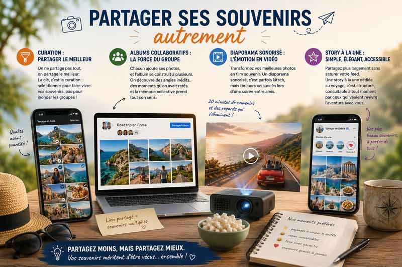Infographie illustrant quatre façons de partager ses photos de voyage : curation, album collaboratif, diaporama sonorisé et story
à la une, avec smartphones, ordinateur portable et vidéoprojecteur posés sur une table