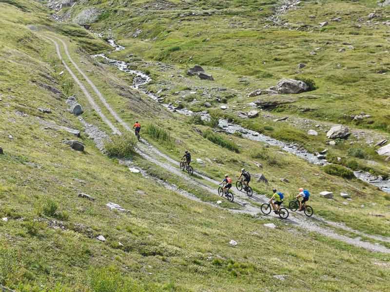 Groupe de vététistes descendant un sentier de montagne au milieu des alpages