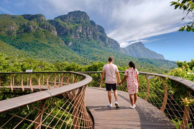 Couple marchant main dans la main sur une passerelle en bois dans le parc Kruger (Afrique du Sud)