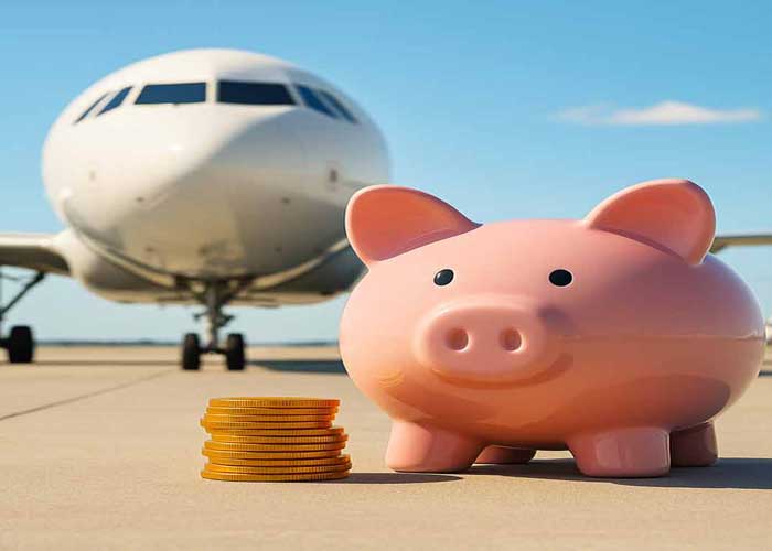 Tirelire rose et pièces de monnaie devant un avion sur le tarmac