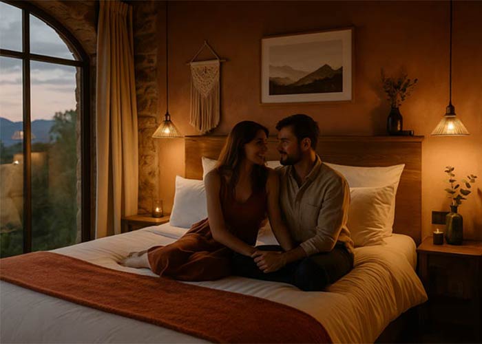 Séjour romantique dans une love room chaleureuse avec vue sur la nature au coucher du soleil