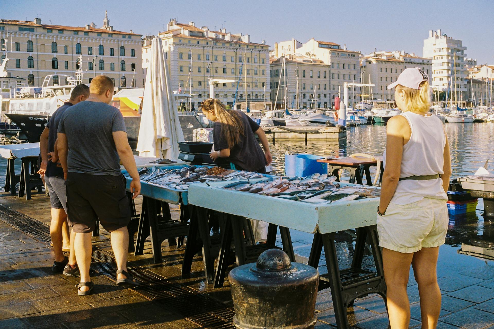 Marché aux poissons sur le Vieux-Port de Marseille, entre étals de pêche fraîche, bateaux amarrés et façades emblématiques de la ville