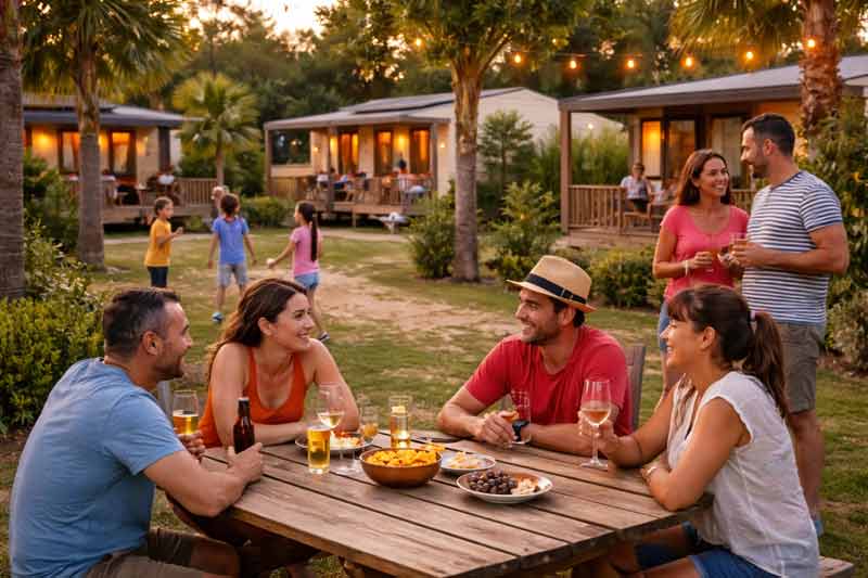 Ambiance conviviale entre adultes dans un camping avec mobil-homes et apéritif en terrasse en soirée