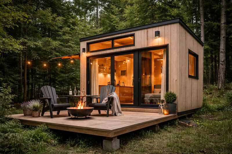 Tiny house moderne installée en pleine forêt alsacienne avec terrasse et coin feu extérieur