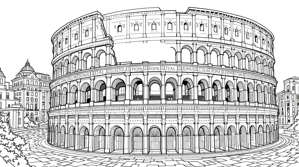 Dessin au trait complexe du Colisée à Rome